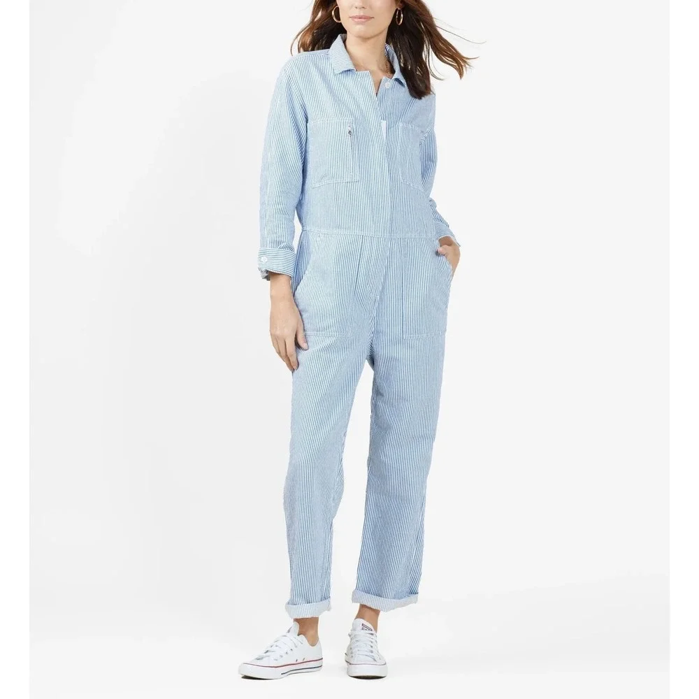 OUTERKNOWN Station Jumpsuit Women Small Blue Railroad Striped Utility Coveralls